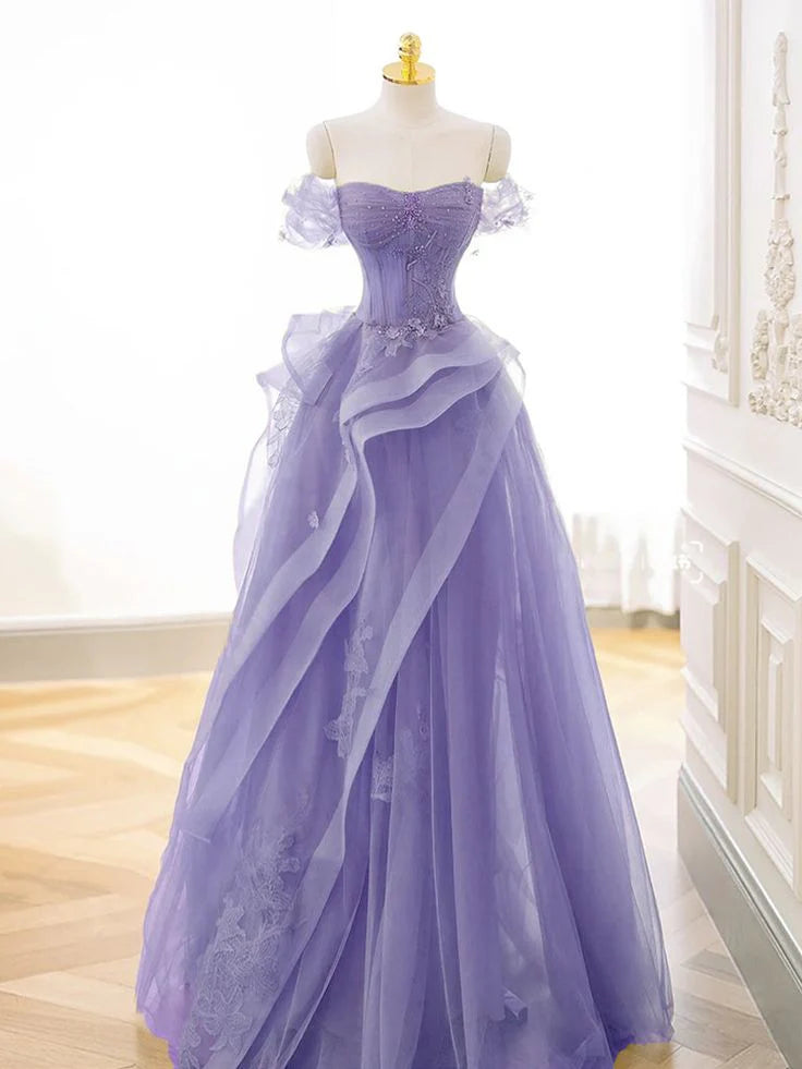 A-Line Off Shoulder Beaded Tulle Purple Long Prom Dress With Applique