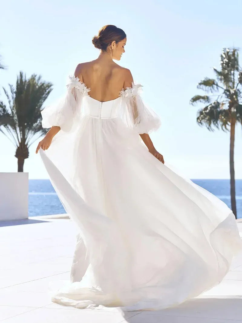 A-Line Off Shoulder Long Sleeves Prom Dress Applique White Wedding Dress