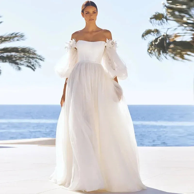 A-Line Off Shoulder Long Sleeves Prom Dress Applique White Wedding Dress