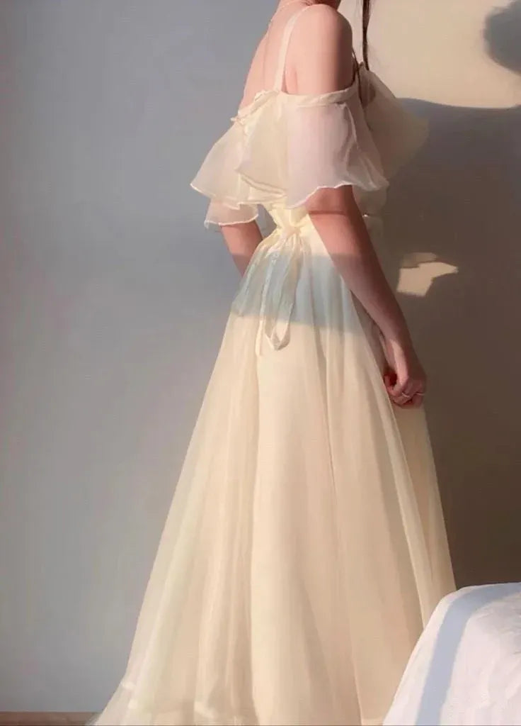 A-Line Off Shoulder Ruffled Organza Cream Floor Length Prom Dress With Tie