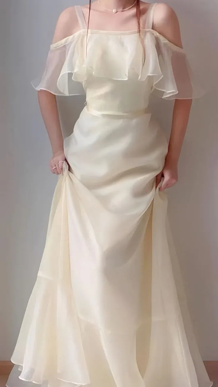 A-Line Off Shoulder Ruffled Organza Cream Floor Length Prom Dress With Tie