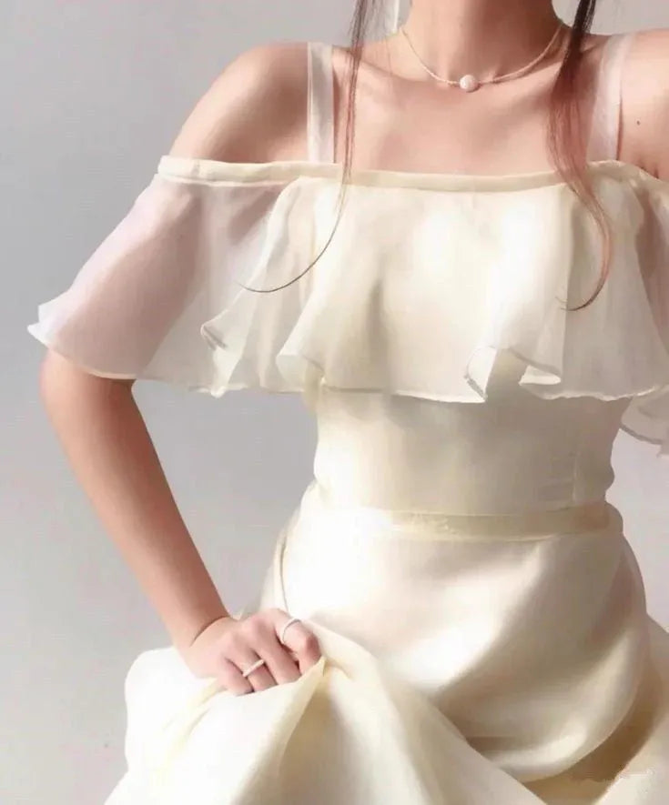 A-Line Off Shoulder Ruffled Organza Cream Floor Length Prom Dress With Tie
