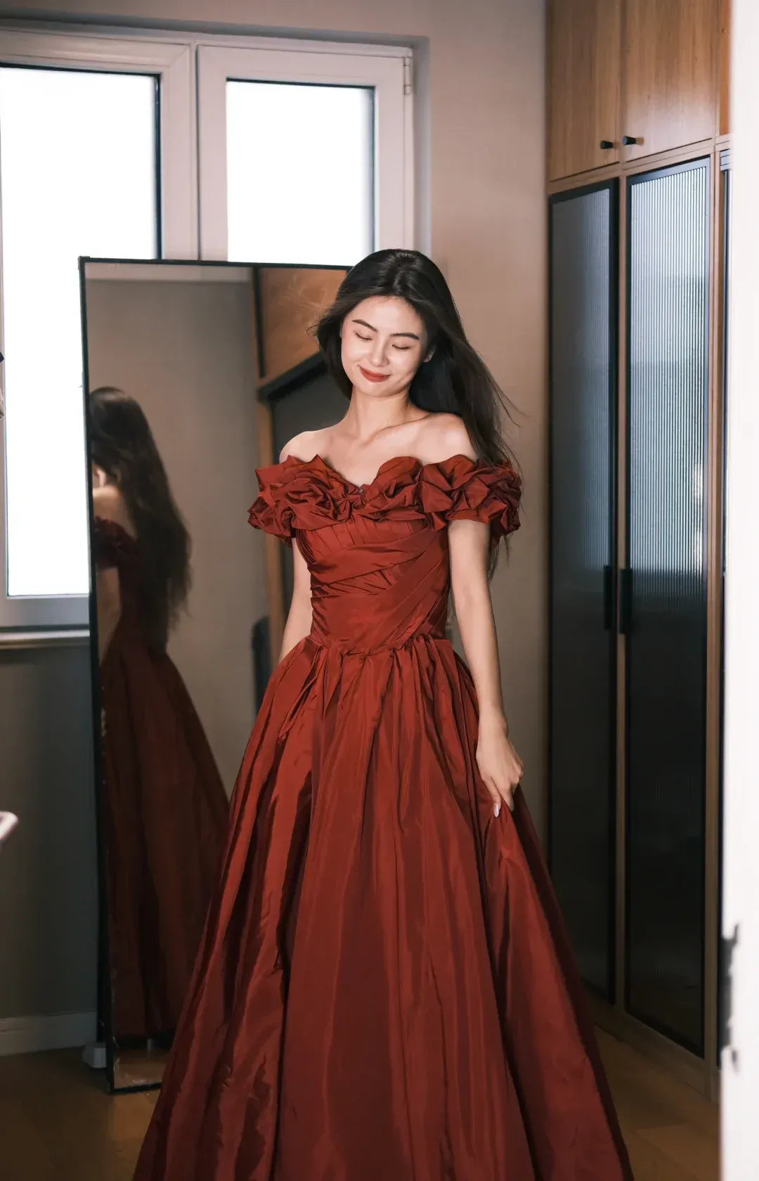 A-Line Off Shoulder Ruffled Satin Burgundy Floor Length Prom Dress For Ladies