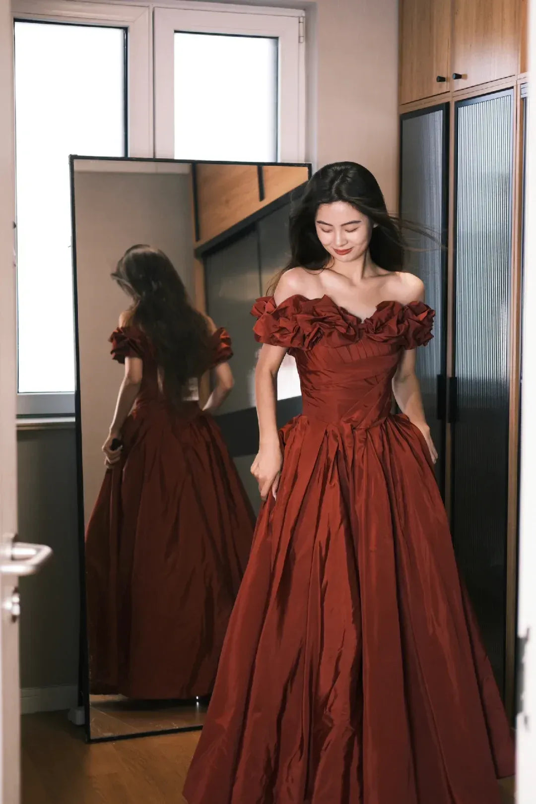 A-Line Off Shoulder Ruffled Satin Burgundy Floor Length Prom Dress For Ladies