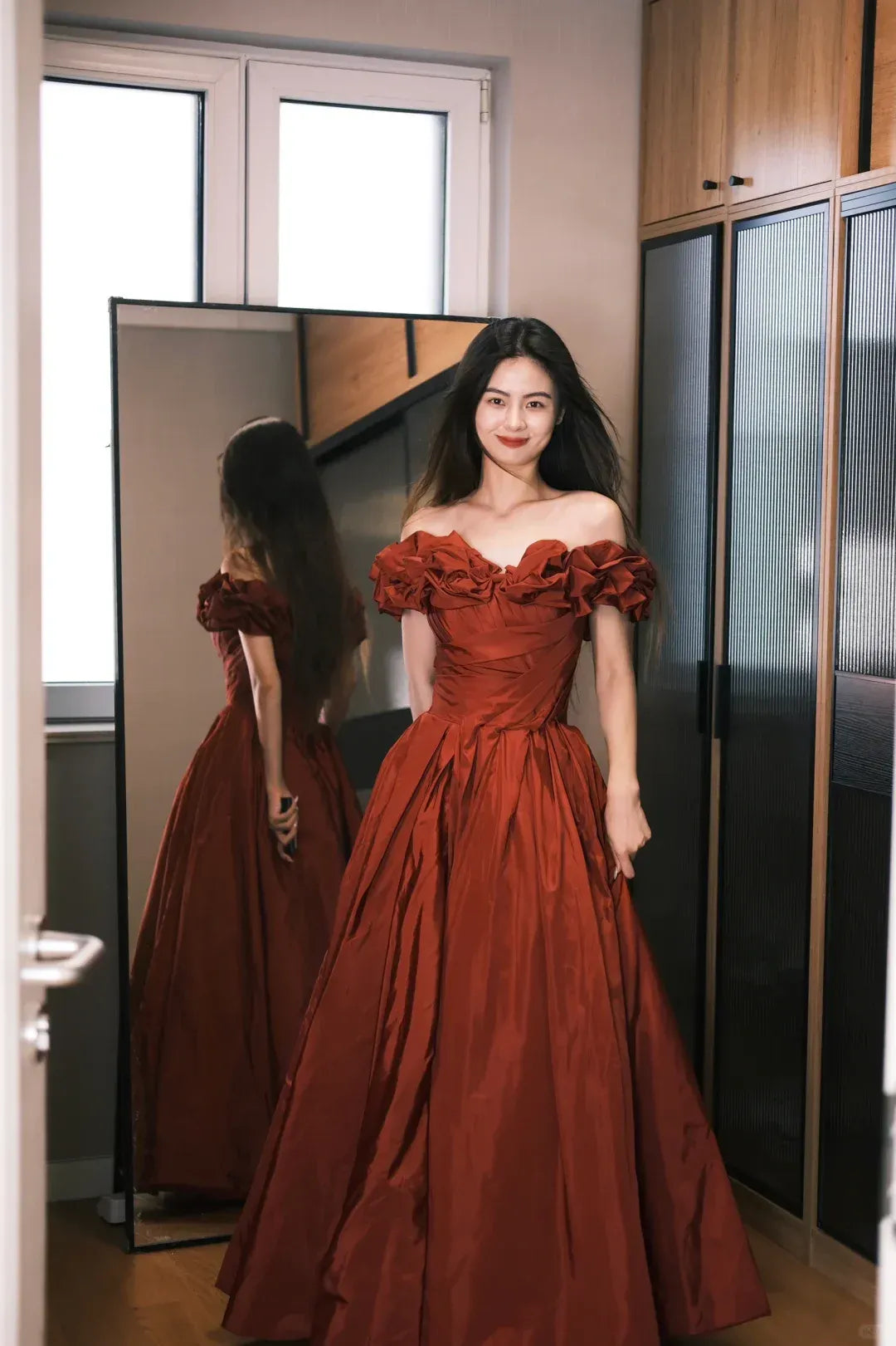 A-Line Off Shoulder Ruffled Satin Burgundy Floor Length Prom Dress For Ladies
