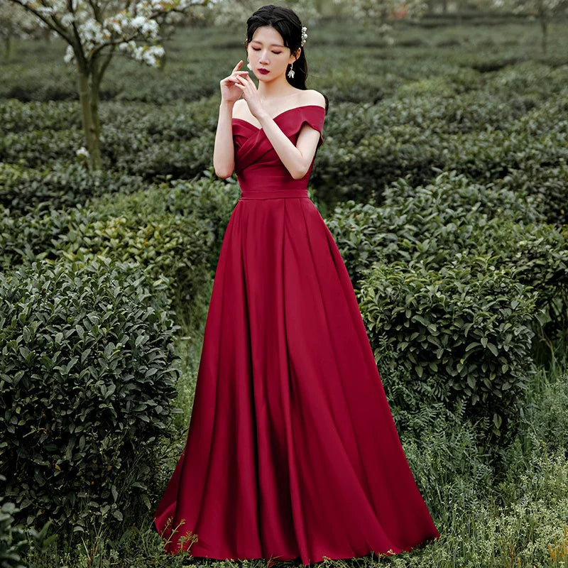 A-Line Off Shoulder Satin Dark Red Long Prom Dress Evening Dress