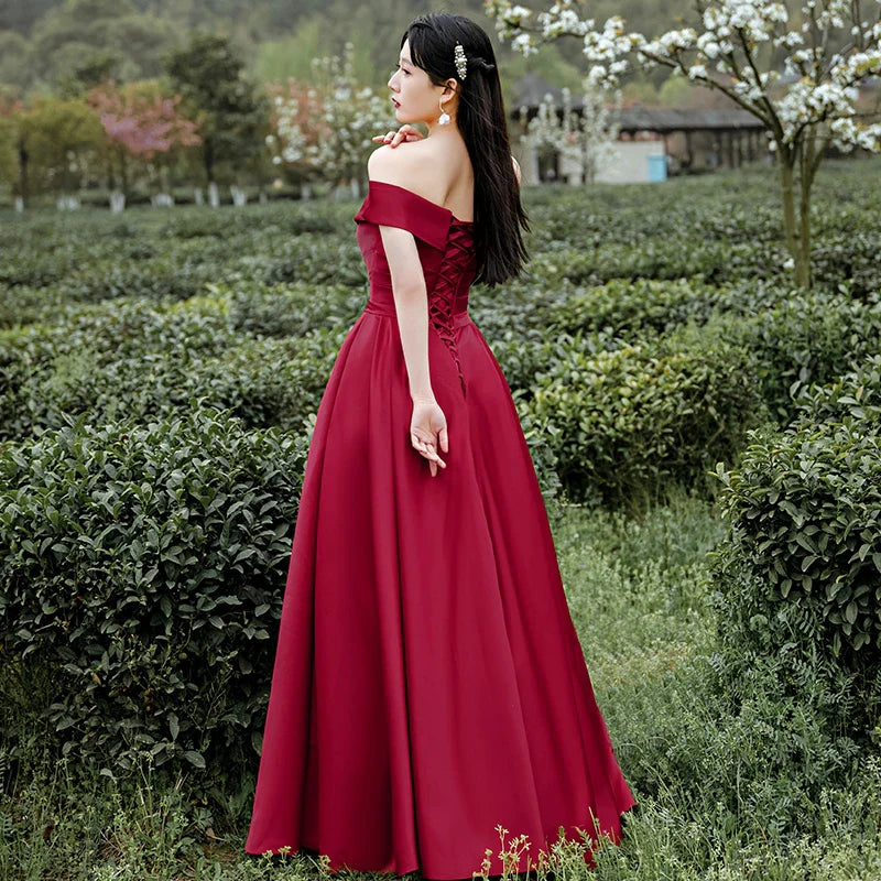 A-Line Off Shoulder Satin Dark Red Long Prom Dress Evening Dress