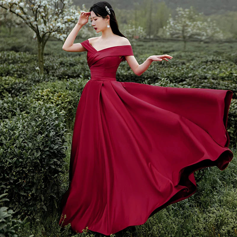 A-Line Off Shoulder Satin Dark Red Long Prom Dress Evening Dress