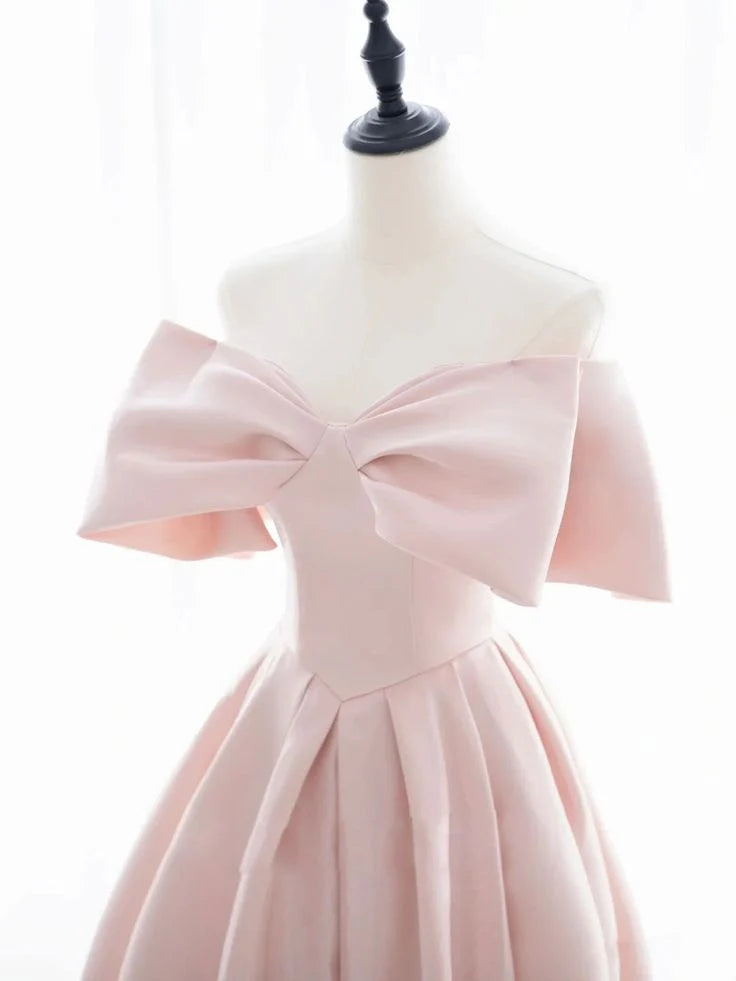 A-Line Off Shoulder Satin Pink Short Prom Dress Homecoming Dress
