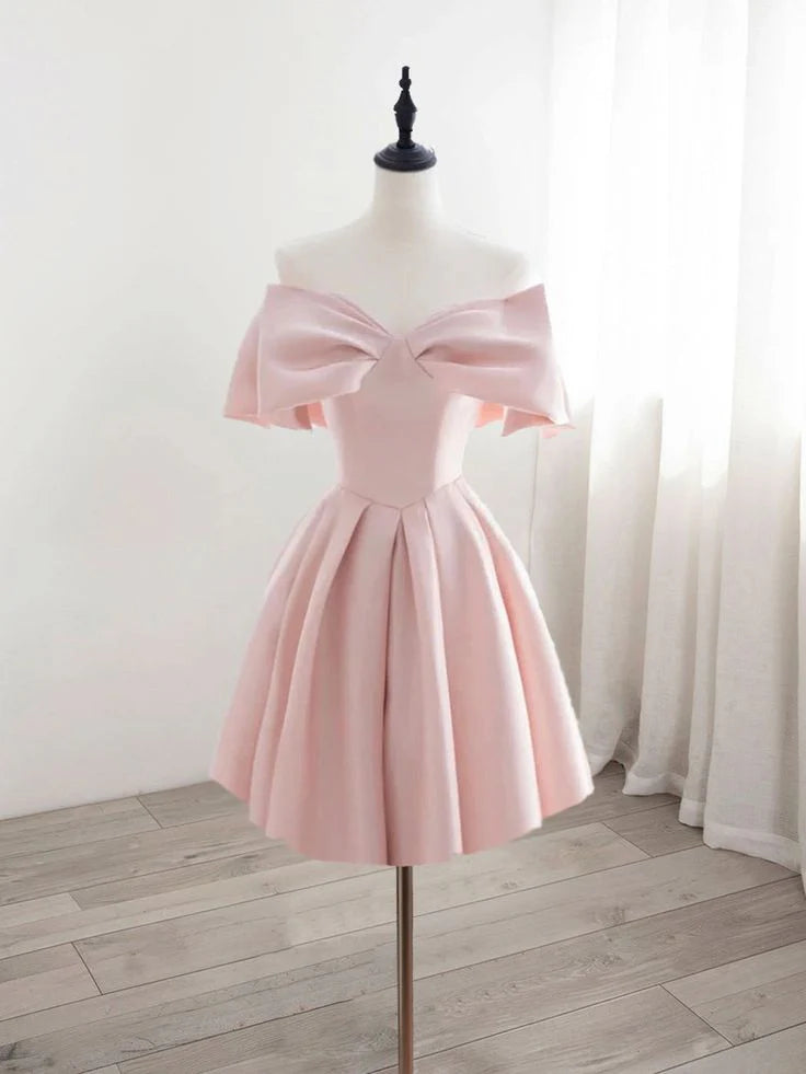 A-Line Off Shoulder Satin Pink Short Prom Dress Homecoming Dress