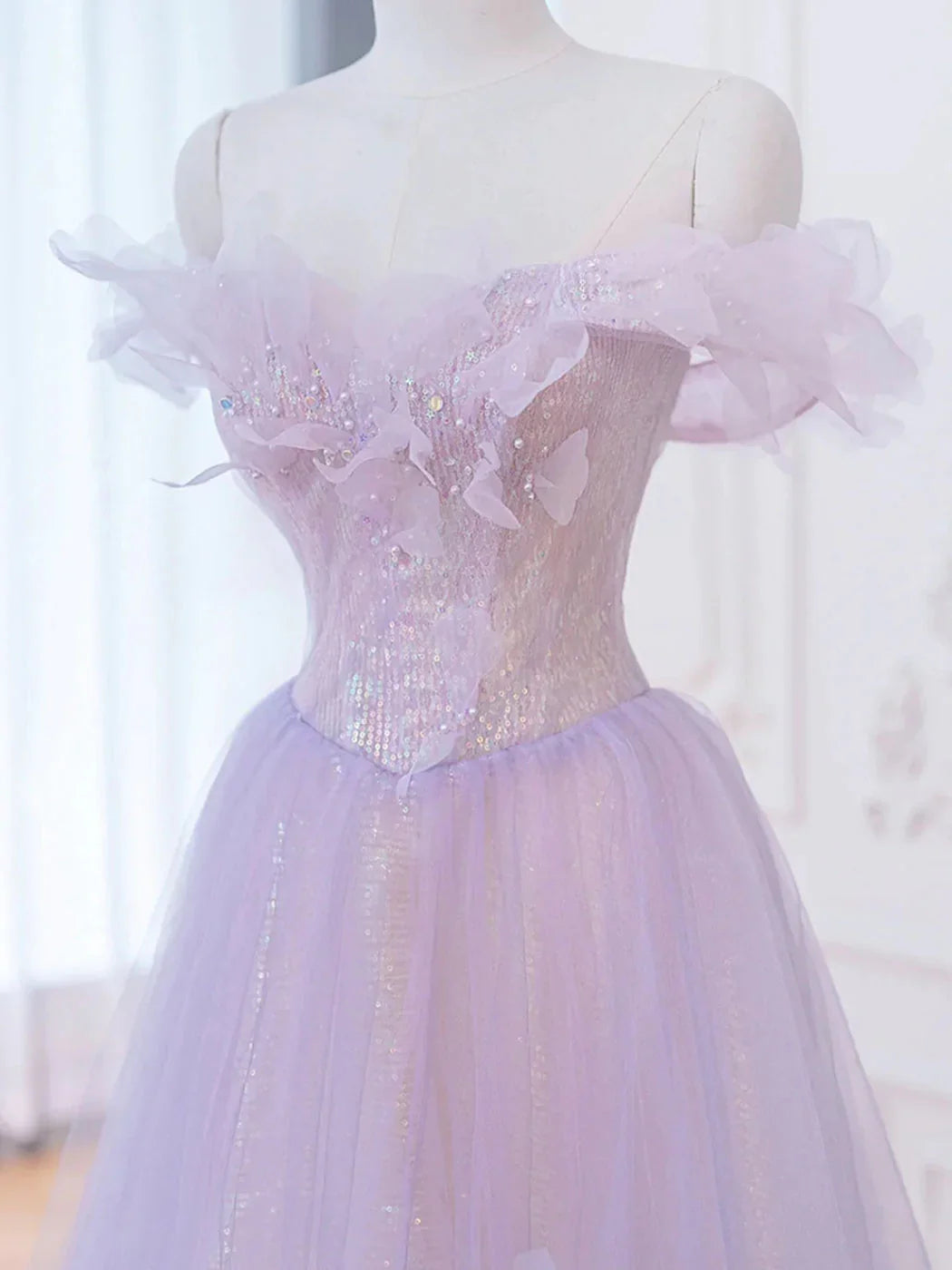 A-Line Off Shoulder Sequins Beaded Purple Long Prom Dress Evening Dress