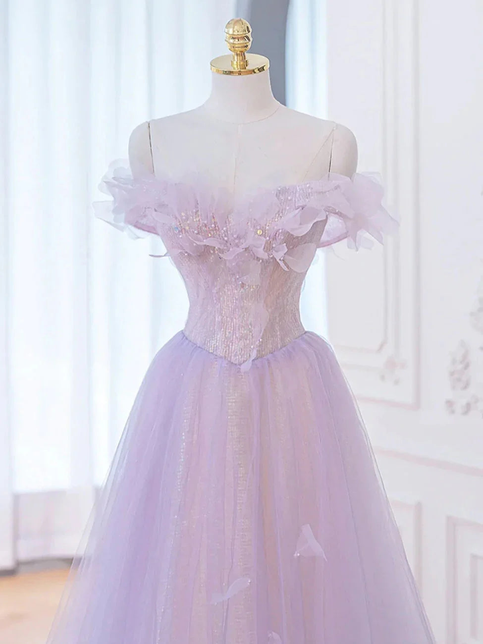 A-Line Off Shoulder Sequins Beaded Purple Long Prom Dress Evening Dress
