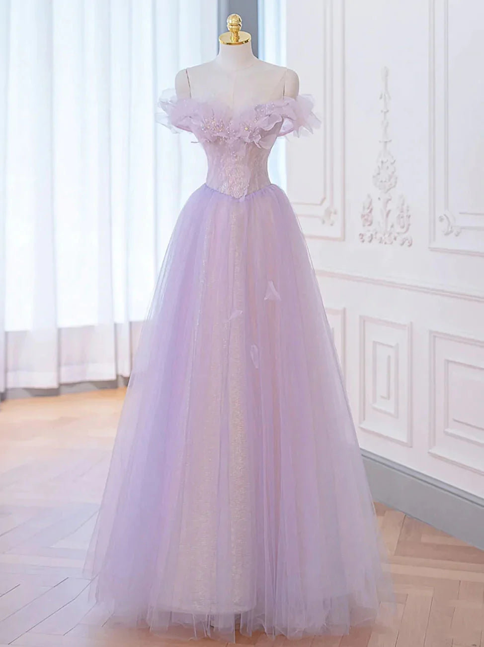 A-Line Off Shoulder Sequins Beaded Purple Long Prom Dress Evening Dress