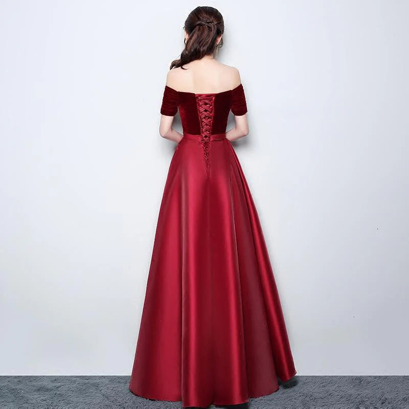 A-Line Off Shoulder Short Sleeves Velvet Satin Wine Floor Length Prom Dress