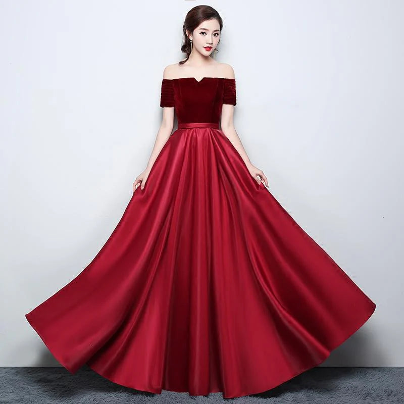 A-Line Off Shoulder Short Sleeves Velvet Satin Wine Floor Length Prom Dress