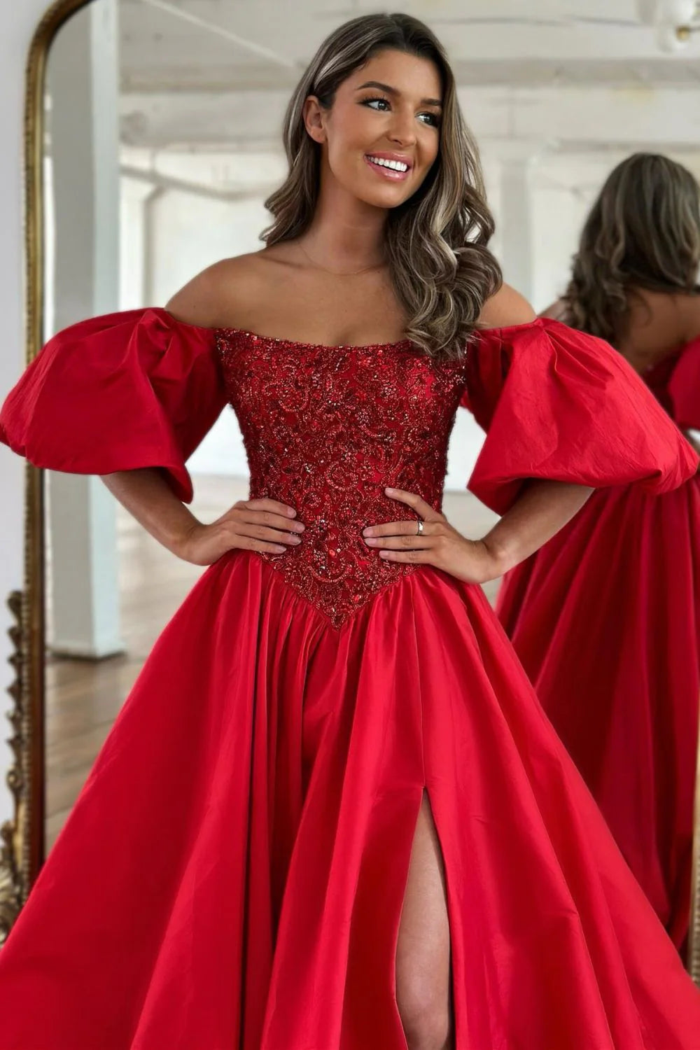 A-Line Off The Shoulder Puff Sleeves Satin Red Prom Dress With Split