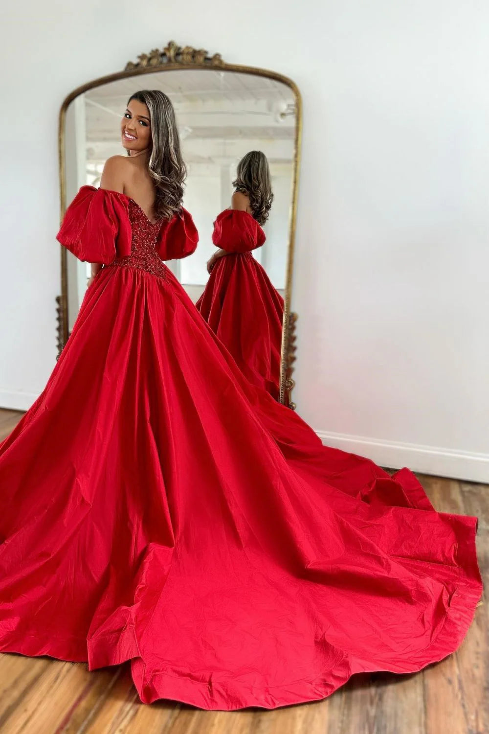 A-Line Off The Shoulder Puff Sleeves Satin Red Prom Dress With Split
