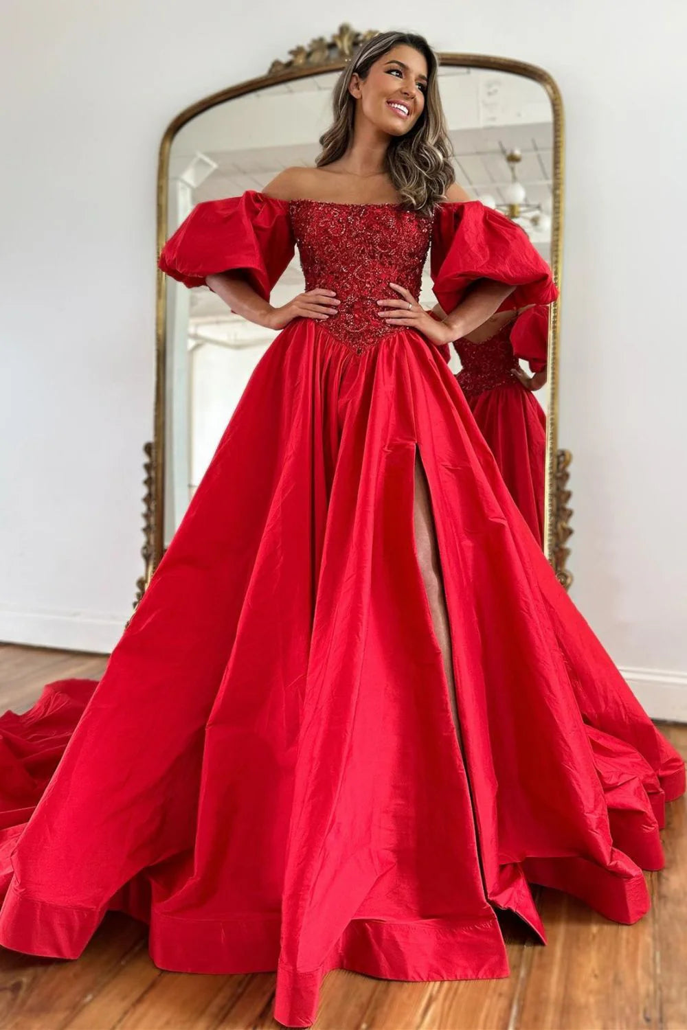 A-Line Off The Shoulder Puff Sleeves Satin Red Prom Dress With Split