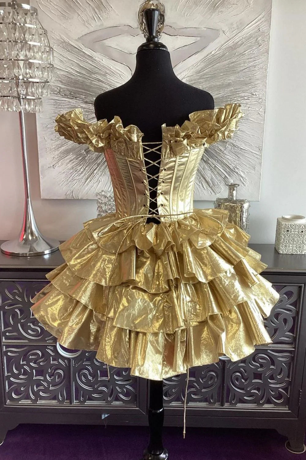 A-Line Off The Shoulder Ruffle Tiered Metallic Gold Short Homecoming Dress