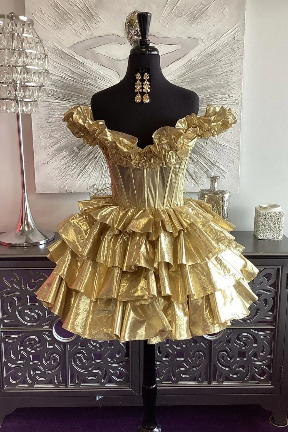 A-Line Off The Shoulder Ruffle Tiered Metallic Gold Short Homecoming Dress