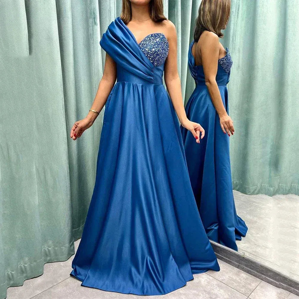 A-Line One-Shoulder Beaded Satin Ocean Blue Maxi Evening Dress For Women