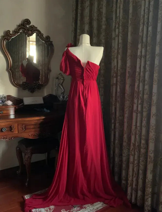 A-Line One-Shoulder Ruched 3D Flower Chiffon Red Train Prom Dress