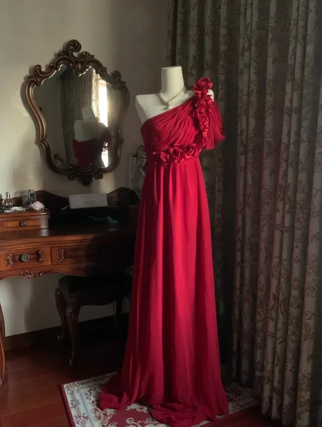 A-Line One-Shoulder Ruched 3D Flower Chiffon Red Train Prom Dress