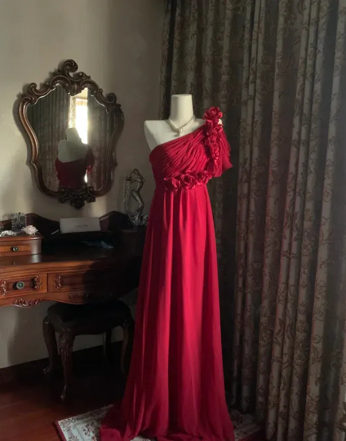 A-Line One-Shoulder Ruched 3D Flower Chiffon Red Train Prom Dress