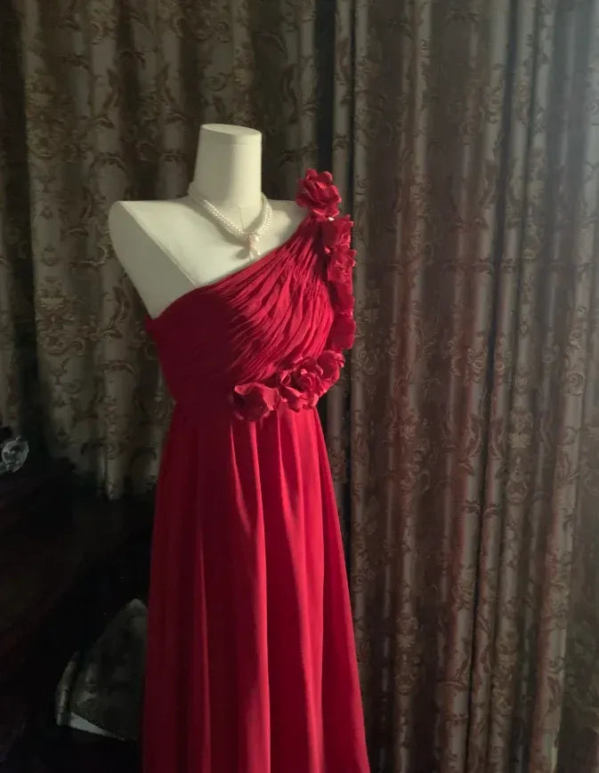 A-Line One-Shoulder Ruched 3D Flower Chiffon Red Train Prom Dress
