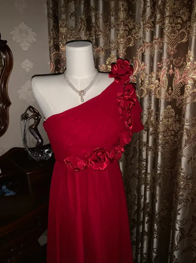A-Line One-Shoulder Ruched 3D Flower Chiffon Red Train Prom Dress