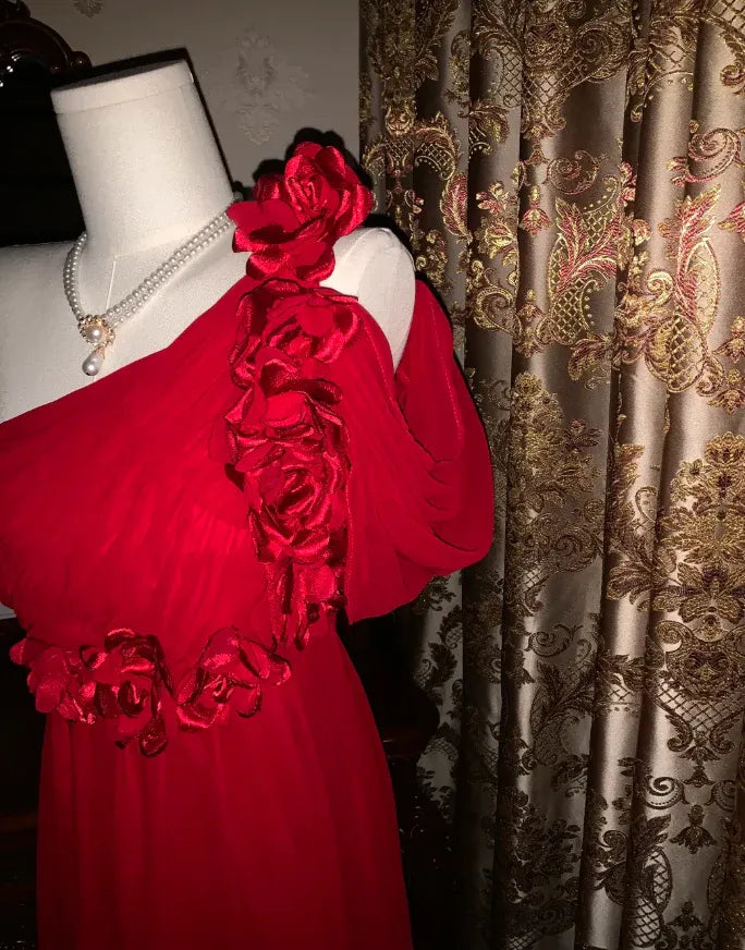 A-Line One-Shoulder Ruched 3D Flower Chiffon Red Train Prom Dress