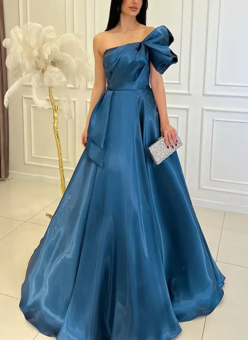A-Line One-Shoulder Short Sleeves Ruched Ruffle Teal Floor-Length Prom Dress
