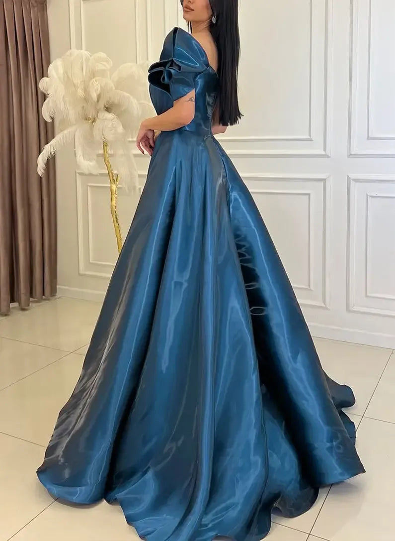 A-Line One-Shoulder Short Sleeves Ruched Ruffle Teal Floor-Length Prom Dress