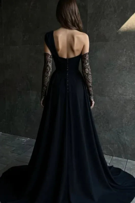 A-Line One Shoulder Lace Appliques Satin Black Train Prom Dress with Slit No Gloves