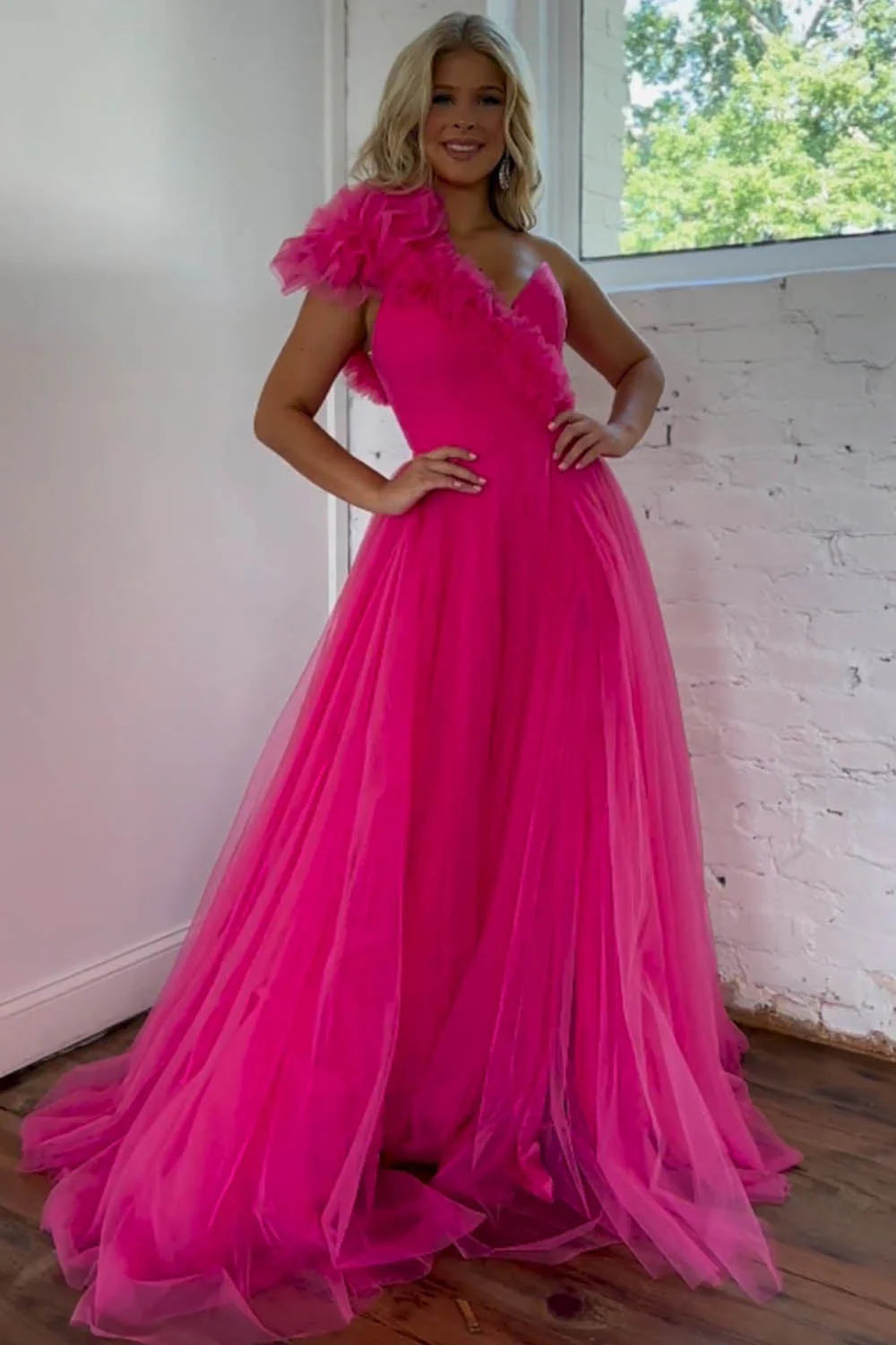 A-Line One Shoulder Pleated Tulle Hot Pink Prom Dress With Split