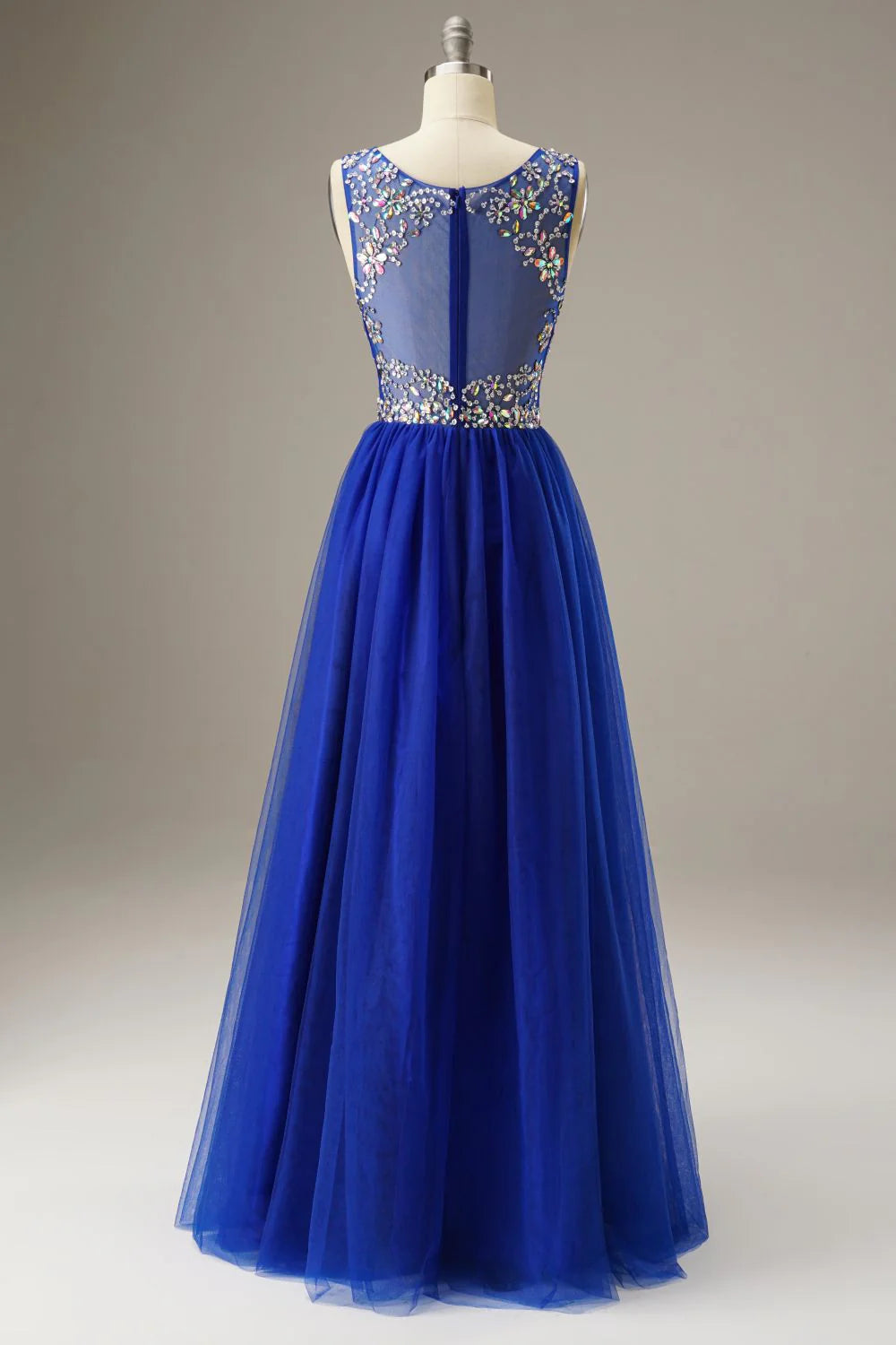 A-Line Round Neck Beading Tulle Floor Length Prom Dress Evening Dress