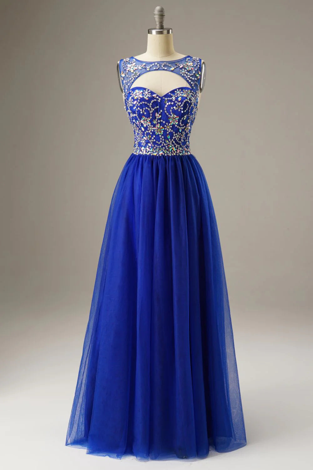 A-Line Round Neck Beading Tulle Floor Length Prom Dress Evening Dress