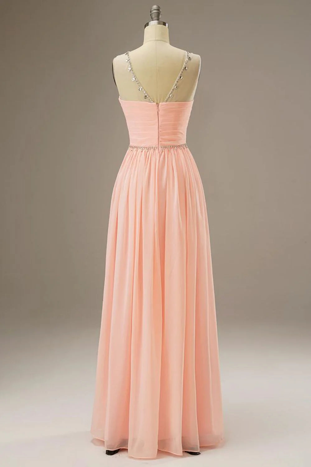 A-Line Round Neck Chiffon Pink Prom Dress Evening Dress WIth Beading