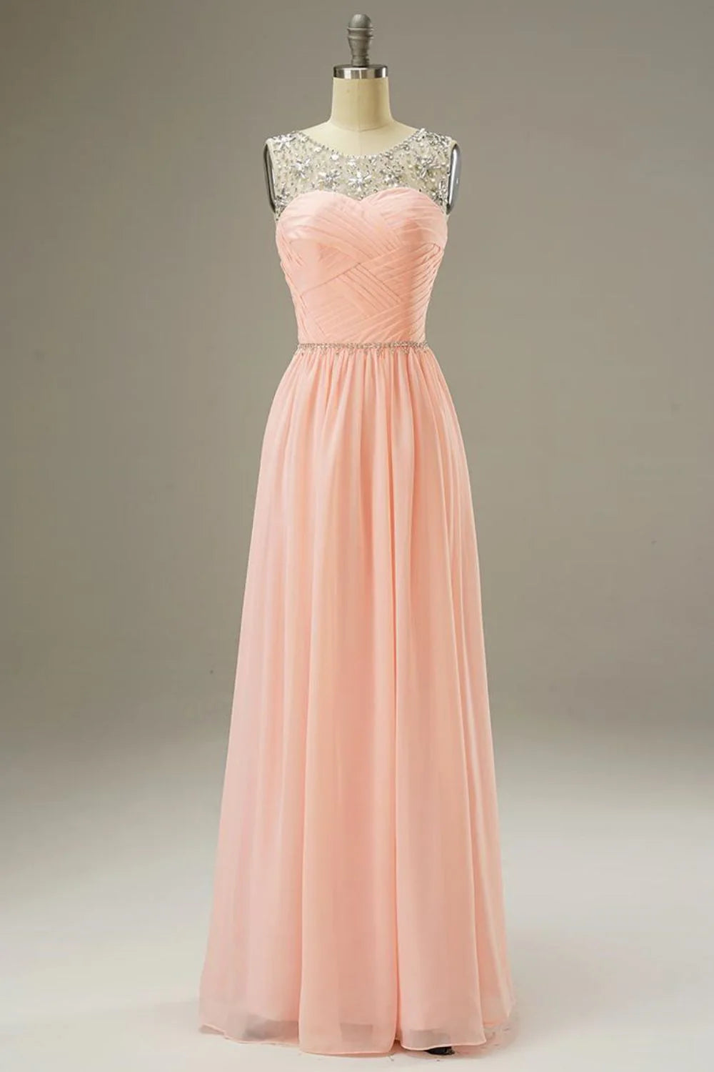A-Line Round Neck Chiffon Pink Prom Dress Evening Dress WIth Beading