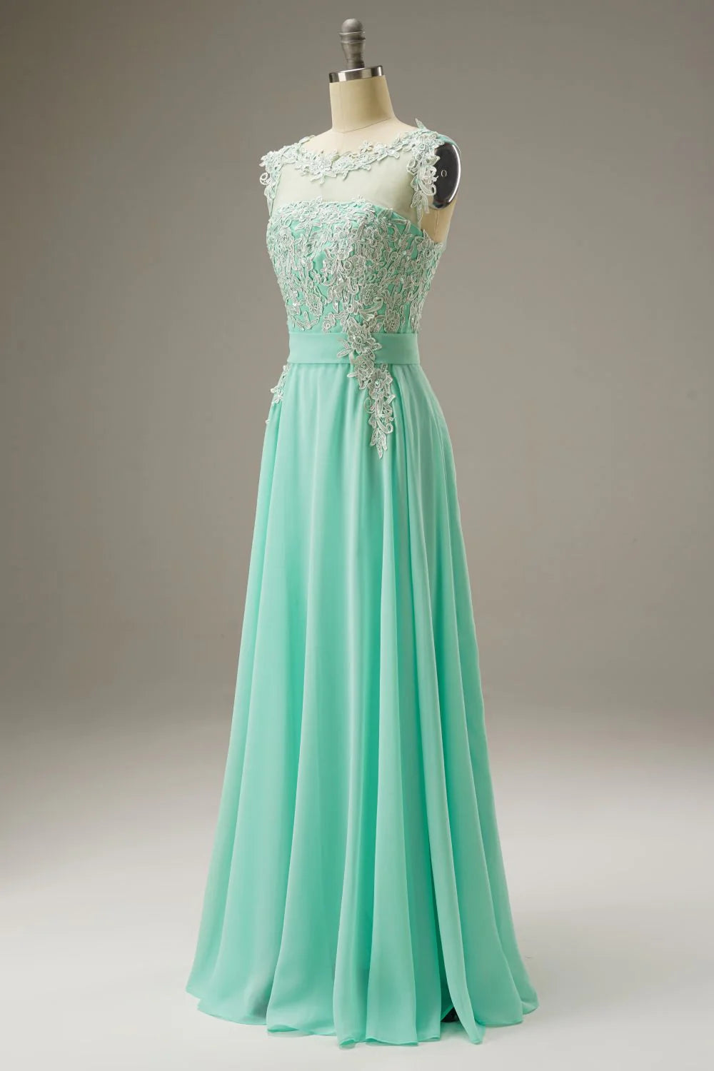 A-Line Round Neck Lace Appliques Chiffon Green Prom Dress Evening Dress