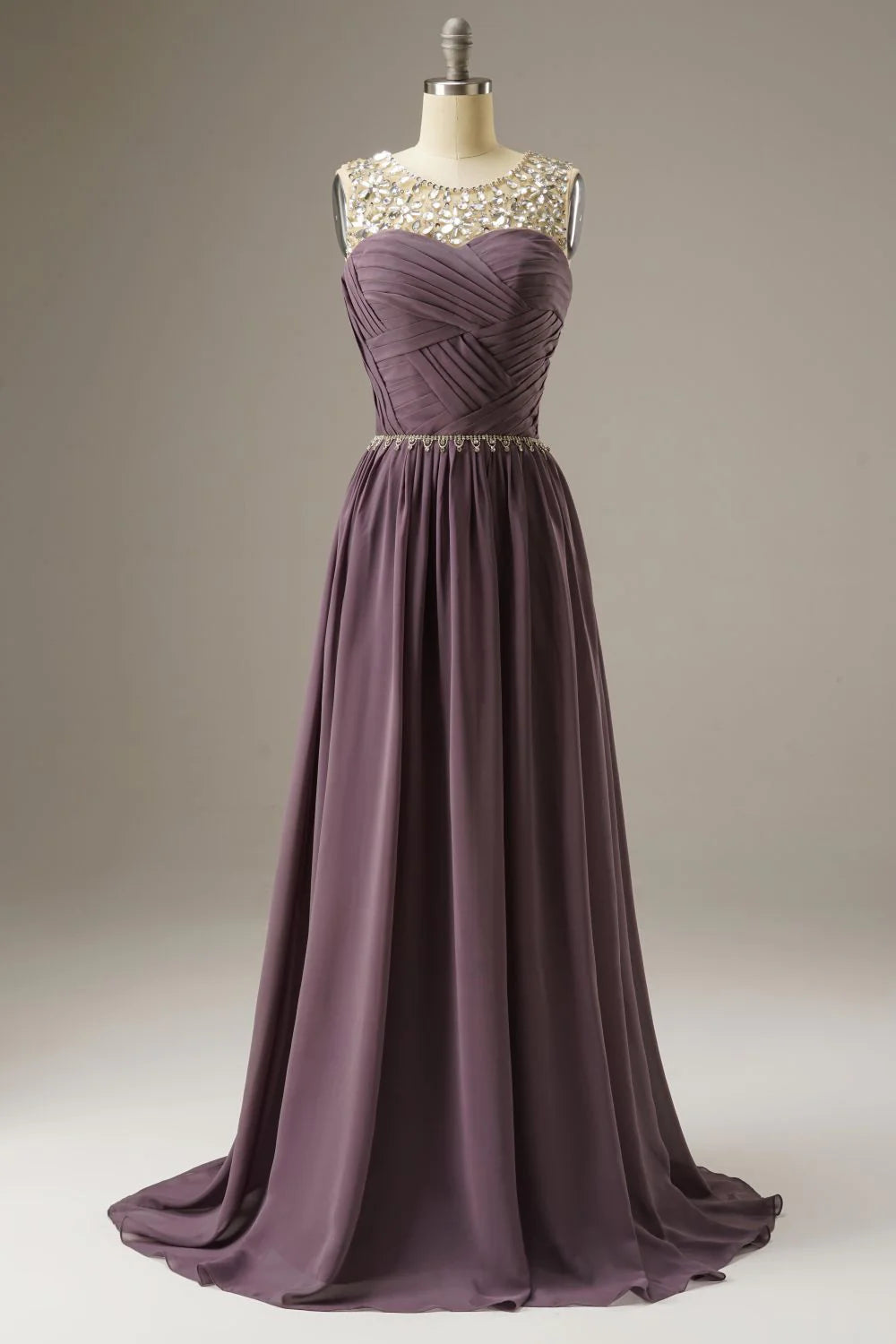 A-Line Round Neck Chiffon Blue Prom Dress Evening Dress WIth Beading