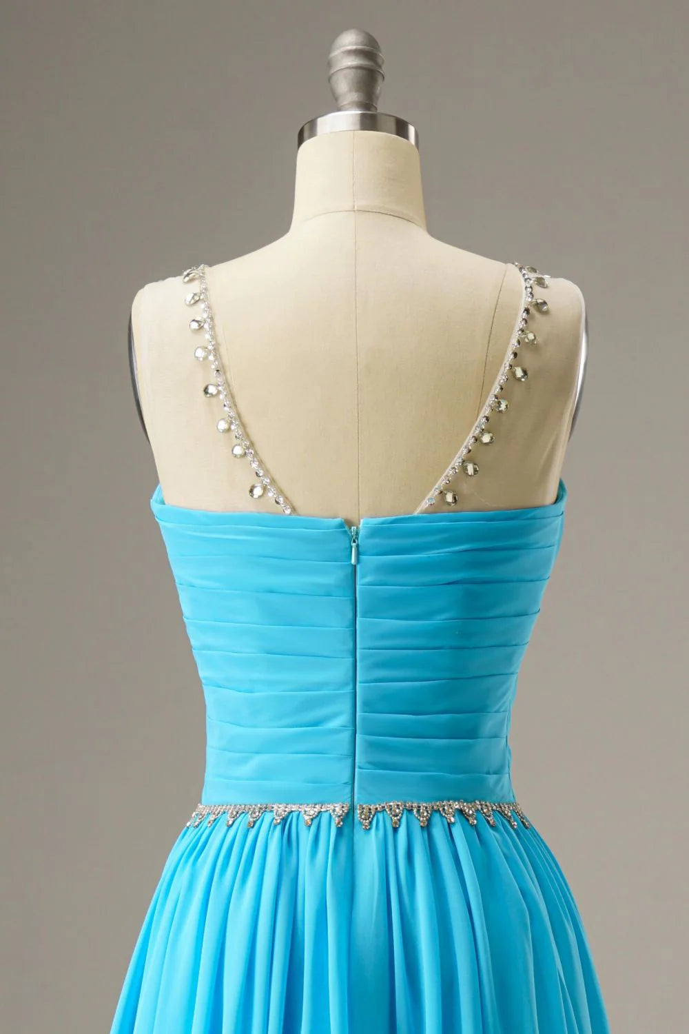 A-Line Round Neck Chiffon Blue Prom Dress Evening Dress WIth Beading