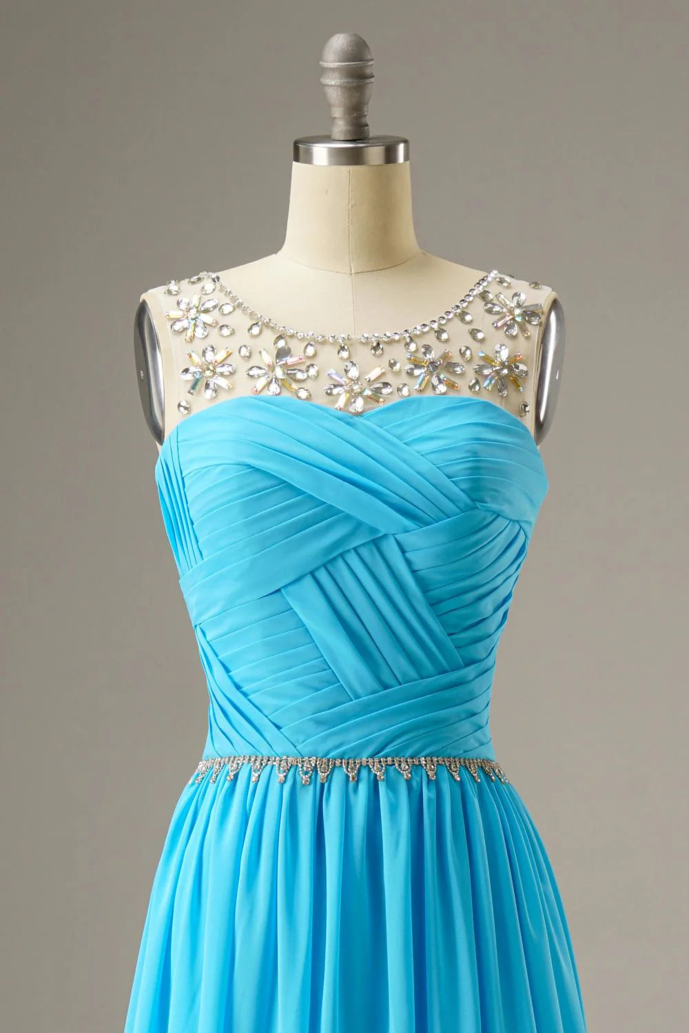 A-Line Round Neck Chiffon Blue Prom Dress Evening Dress WIth Beading
