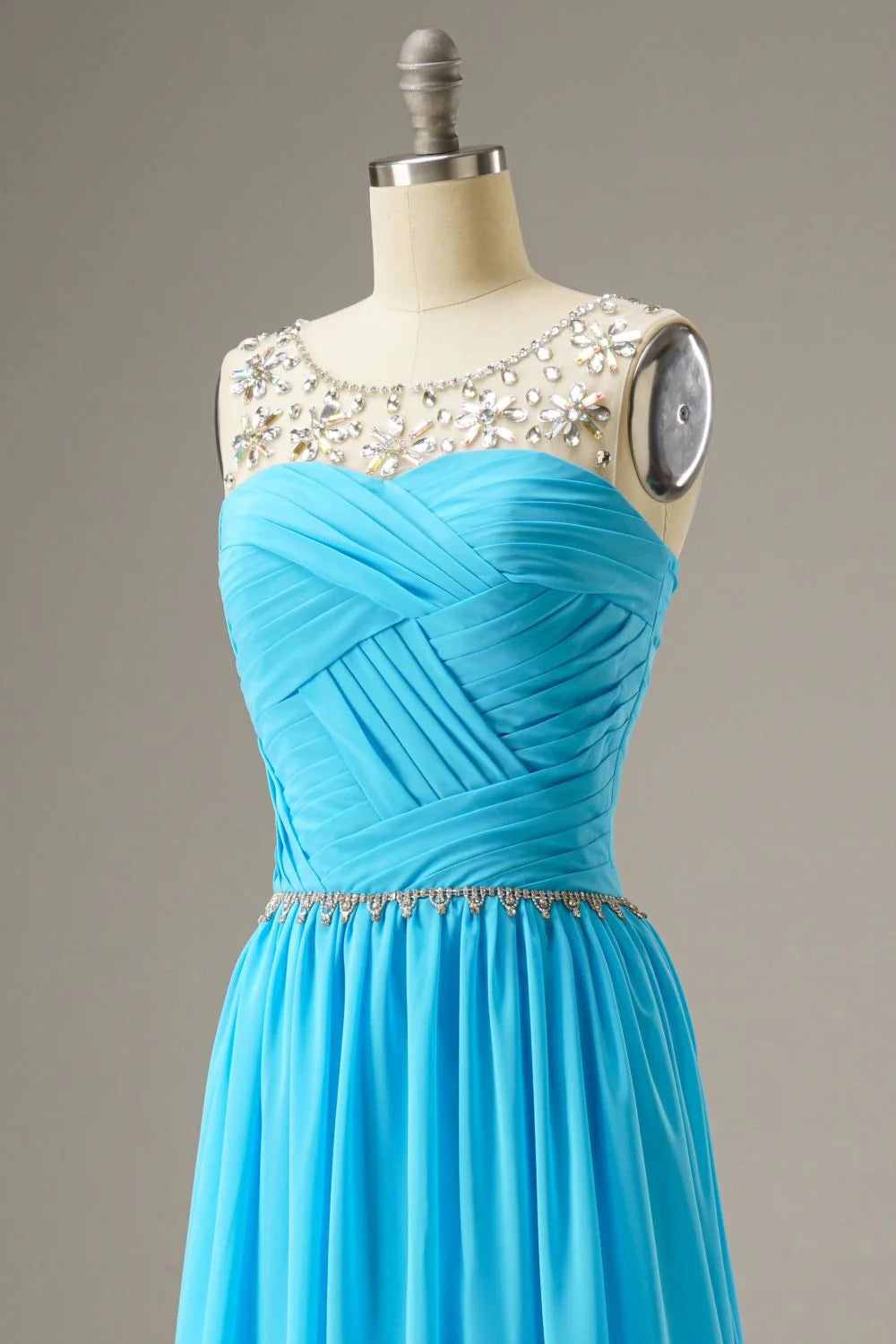 A-Line Round Neck Chiffon Blue Prom Dress Evening Dress WIth Beading