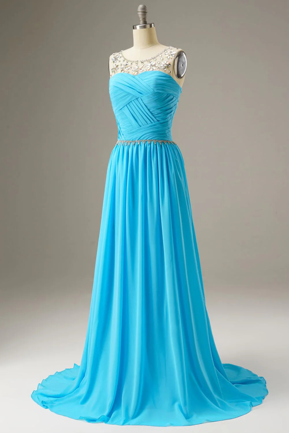 A-Line Round Neck Chiffon Blue Prom Dress Evening Dress WIth Beading