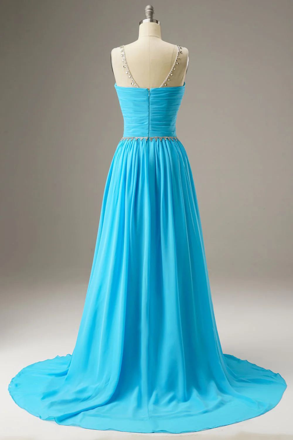 A-Line Round Neck Chiffon Blue Prom Dress Evening Dress WIth Beading