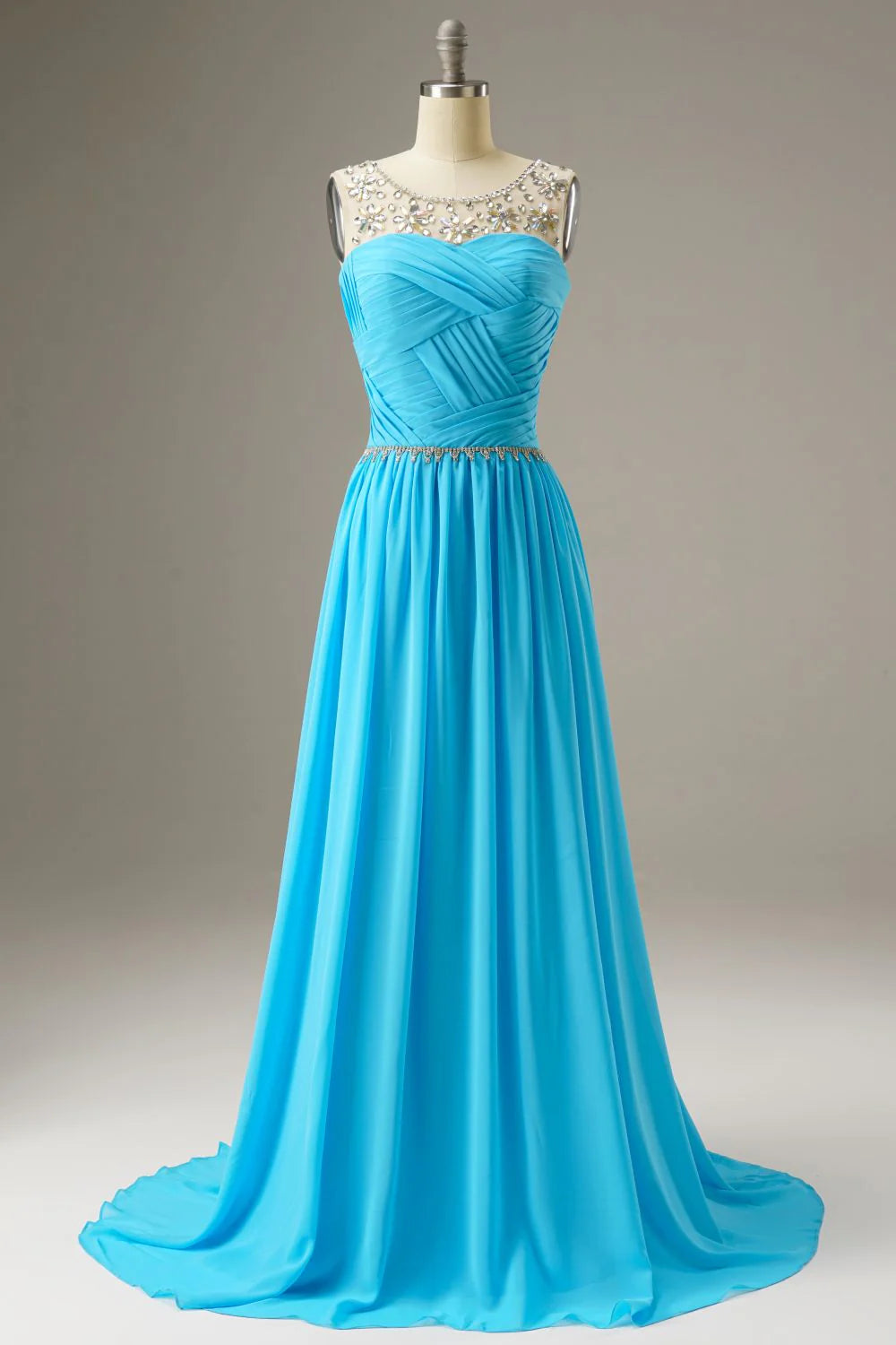 A-Line Round Neck Chiffon Blue Prom Dress Evening Dress WIth Beading