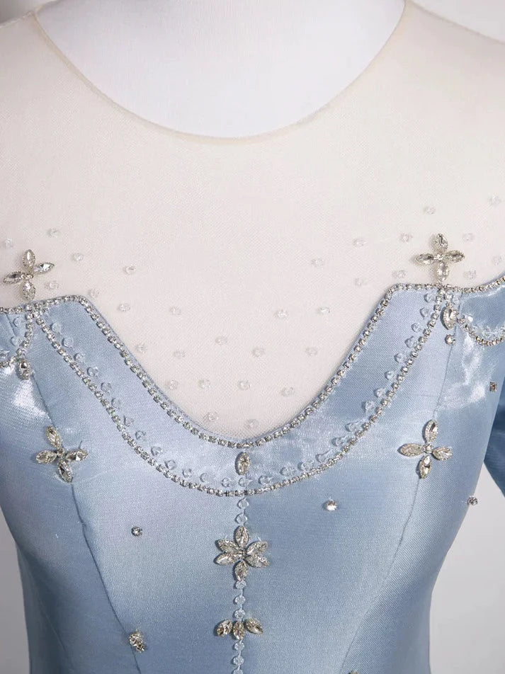 A-Line Round Puff Sleeves Satin Blue Long Prom Dress With Rhinestones
