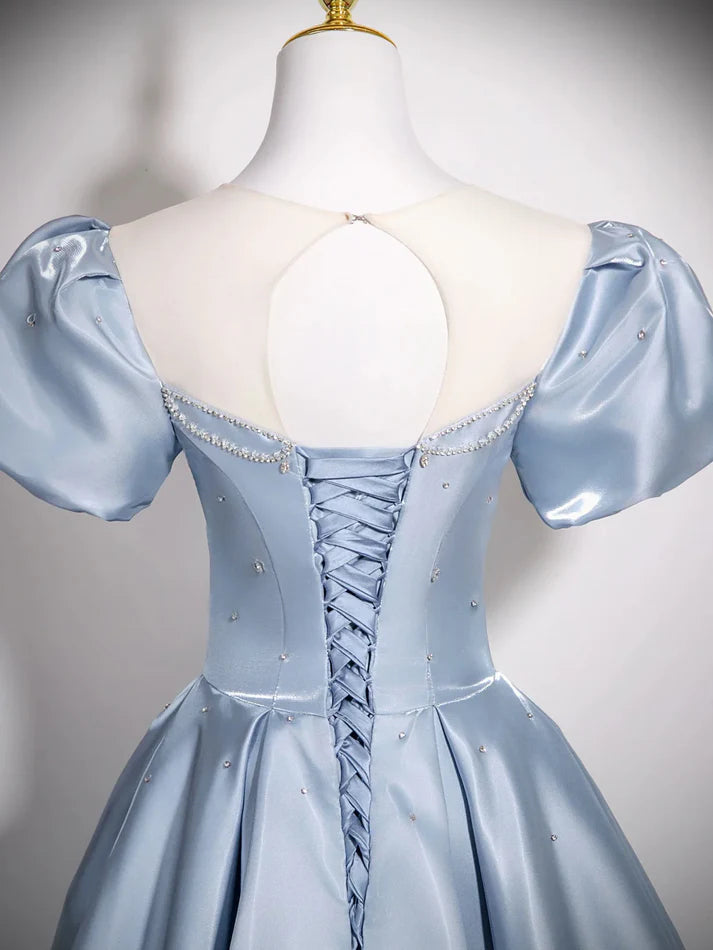 A-Line Round Puff Sleeves Satin Blue Long Prom Dress With Rhinestones
