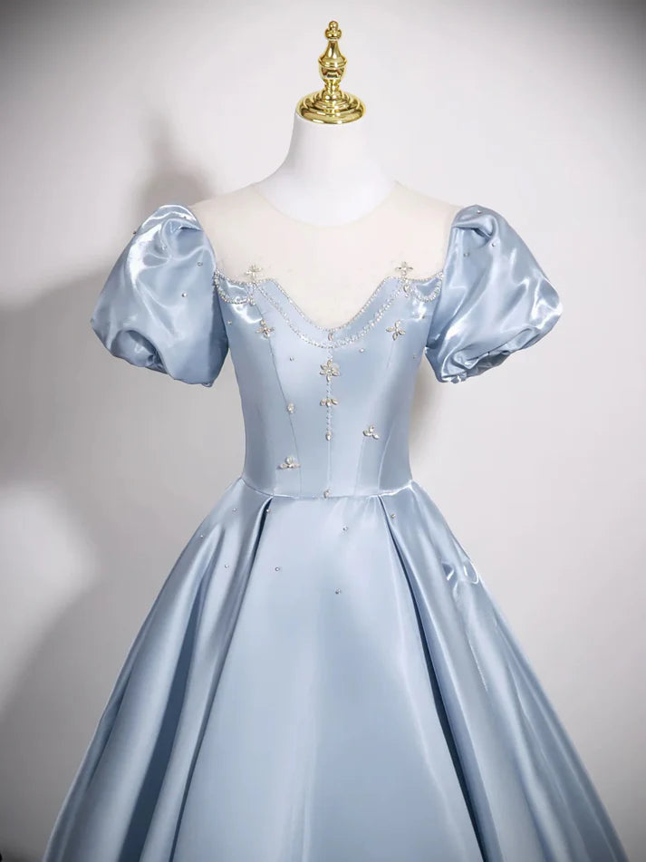 A-Line Round Puff Sleeves Satin Blue Long Prom Dress With Rhinestones